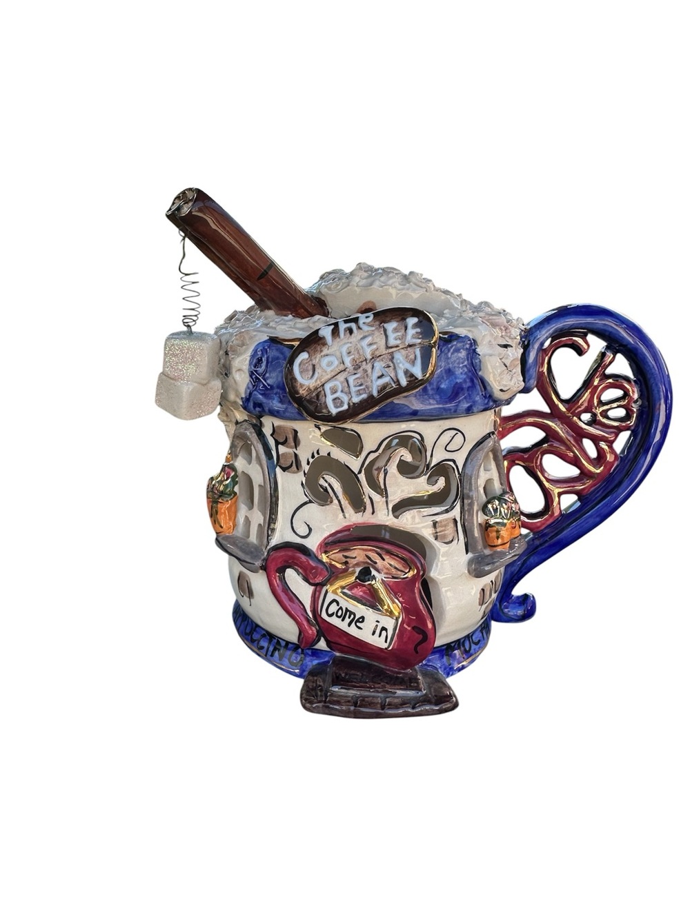 Blue Sky Hand-Painted Ceramic Coffee Mug Sculpture in Blue, Cream & Brown